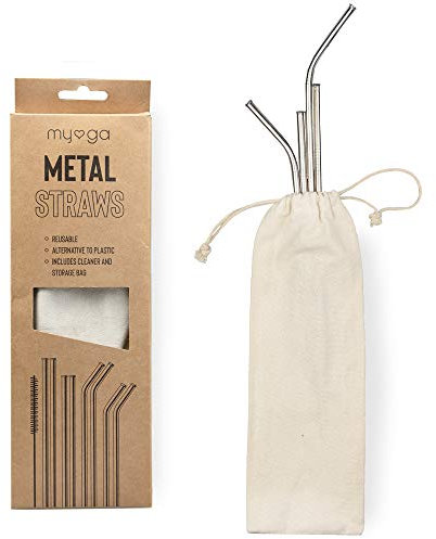 Myga Metal Straws - Reusable Stainless Steel Drinking Straws with Cleaning Brush and Cotton Storage Bag - 4 Straight and 4 Bent Straws - Alternative to Single Use Plastic