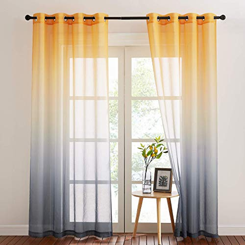 NICETOWN Vorhang Leinenoptik Transparent Farbverlauf Gardinen Wohnzimmer | 2er Set H260 x B140 cm, Gelb+Grau, Durchsichtig, Lichtdurchlässig, Voile Gardinen, Ösen, für Schlafzimmer Kinderzimmer