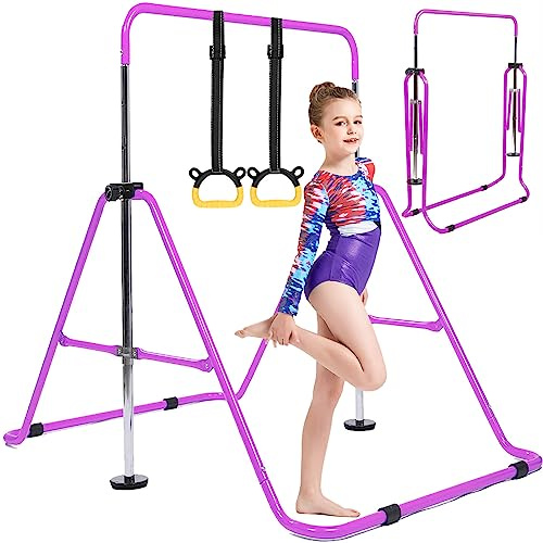 FINGER TEN Gymnastik Turnreck Kinder Gymnastics Bar, Horizontale Kip Stange Faltbar Turntrainingsgeräte 4 Fach Höhenverstellbar Turnstangen, Gymnastikstange zu Indoor Outdoor Hause（Violett）