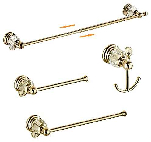 Juego de Accesorios de baño de Cristal, toallero Ajustable, Soporte de Papel higiénico, Soporte para Toallas de Mano, Gancho, Juego de Accesorios de baño Dorados montado en la Pared (Oro Brillante)