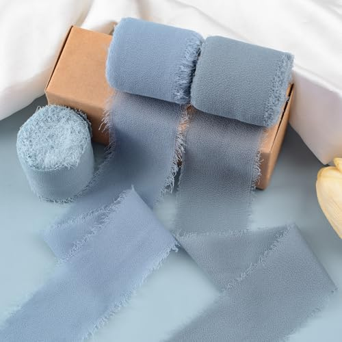 WANDIC Chiffonband-Fransen, 3 Rollen, 3,8 cm x 5,5 m, ausgefranste Kanten, Band, seidenähnliches Band für Geschenk, Blumenstrauß, Verpackung, Haarschleifen, Hochzeit, Festival, Dekoration, Blau