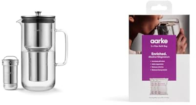 Aarke Purifier, Water Filter Jug in Glass and Stainless Steel, 2.4L / 10 Cups & 3-Pack Enriched Filter Refill Bags – Increases The pH Value, Adds Magnesium