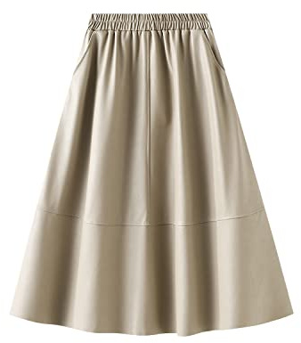 Artykey Gonna in PU Pelle Midi Donna Inverno Vintage Elegante Vita Alta Lunga Gonna Vita Elastica A-Line Casuale Festa Plissettata Svasata Gonne Apricot XL