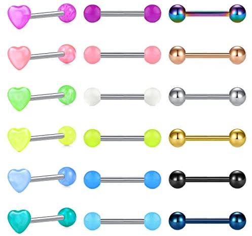 Rajnard 18 Stück Zungenpiercing 14mm Zungen Piercing 14G Chirurgenstahl mit Herz Top Glow in The Dark Kugel Zungenring für Damen Herren