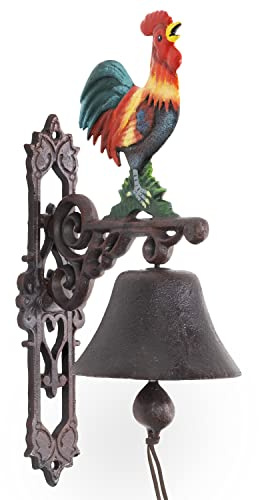 Moritz Türglocke Hahn bunt 58 cm Gusseisen Wandglocke antik Gartendeko Deko | Farbenfroher Bauernhof-Charme – wetterfest, mit Zugkordel und Klöppel, heller Klang, als Geschenk