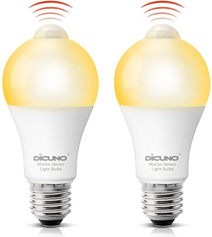 DiCUNO PIR Motion Sensor Bulb, 12W=100W, Warm White 2700K, 1100LM, 2Pcs