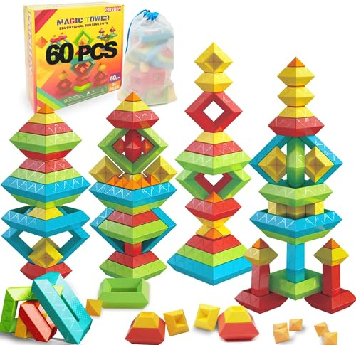 Stacking Toys Building Blocks for Toddlers 60 PCS Montessori Toys for 3 4 5 6 Year Old Sensory Toys Preschool Learning Activities Stem Educational Pyramid Magic Tower Gifts Set for Kids Boys Girls