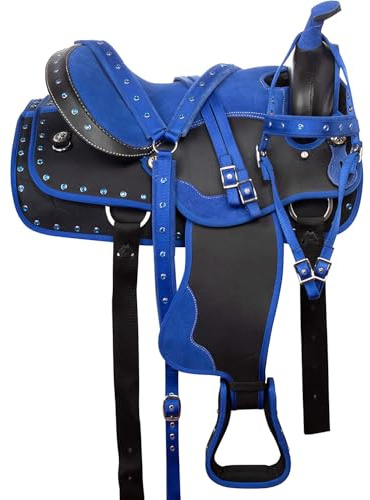 Western-Pferdesattel, synthetisches Cordura, Pleasure Trail Barrel, Rennzaum-Set, für Kinder und Erwachsene, silberfarben, kristallblau, 25,4 cm bis 45,7 cm Sitz (33 cm Sitz)