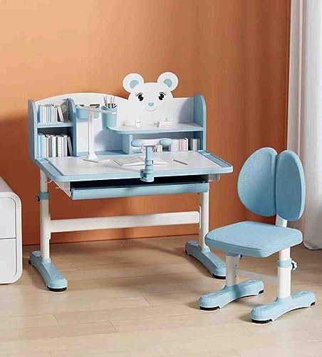 PRUJOY Höhenverstellbarer Schreibtisch mit Stuhl, Zeichentisch, Computerstation, integriertem Bücherregal, Schreibtischlampe, Multifunktionsschreibtisch (Blue)