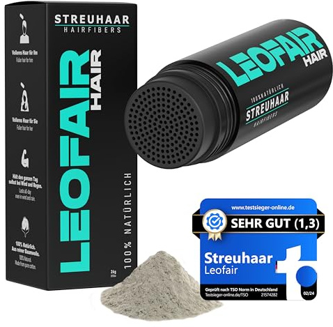 Leofair Haarverdichtung - 100% natürlich - Streuhaar für volles und dichtes Haar in Sekunden! Schütthaar in Premium Friseurqualität - 28g - Perfekter Look für Männer & Frauen (Grau)