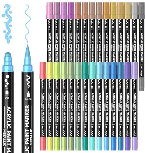 Shuttle Art Dual Tip Metallic Acrylic Paint Pens, 28 Colours Dot & Brush Paint Marker Pens, Paint Pens for Rock Painting, Ceramic, Wood, Fabric, Art Marker Pen Set for Kids Adults on Christmas Easter