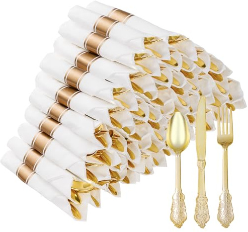 Bestluck 50 Pack Gold Plastic Silverware with Pre Rolled Napkins for 50 Guests, Heavyweight Gold Disposable Utensils Sets Includes 150 Plastic Cutlery, and 50 Napkins for Party & Wedding