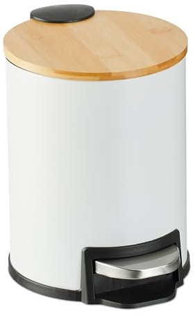 Relaxdays 3 L Pattumiera Bagno a Pedale, Cestino Cosmetici con Secchio Interno Rimovibile, Bidone Ferro e bambù, Bianco