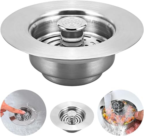 Dachiy Tapón de Fregadero de Cocina Acero Inoxidable 3 en 1 Pop Up | Cesta perforada que retiene eficazmente restos de comida. Acero inoxidable duradero para fregaderos de cocina.