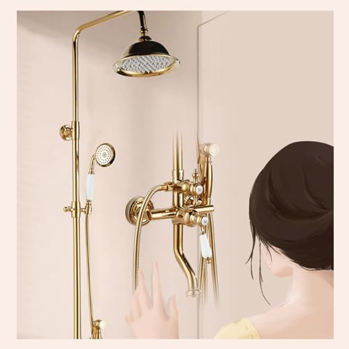 Regendusche Duschset mit Kopfbrause und Handbrause, Brausestange Verstellbares Höhe 80-120cm, Wandmontage Retro Dusch Set (Gold)