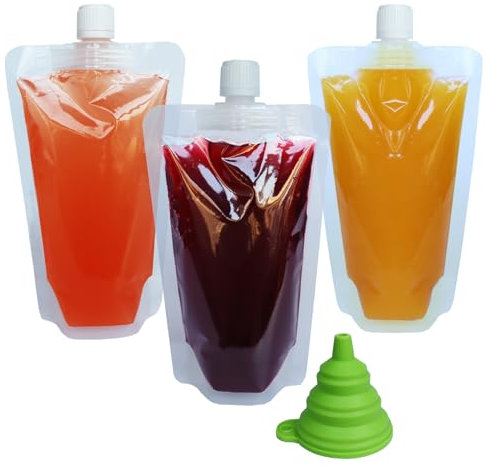 Lot de 20 pochettes transparentes de 380 ml avec bouchons et entonnoir pour festivals, boissons alcoolisées, jus de fruits, liquides - Flasque en plastique pour fêtes, pique-niques, voyages, sports,