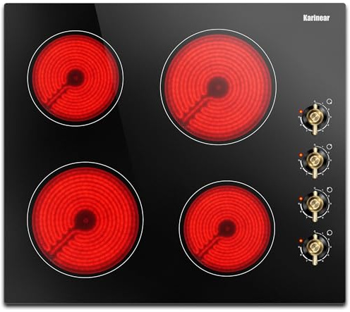 Karinear 24 Inch Electric Cooktop 4 Burners Electric Stove, Knob Control,6000W, Built-in Radiant Hob,Residual Heat Indicator, Overheat Protection,Hardwired 220V Radiant Ceramic Stove(Gold Knob)