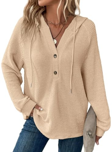 Cuptacc Hoodie dam våffellös huvtröja knappslå sweatshirt V-ringad med dragsko långärmad tröja dam med huva, Aprikos, XL