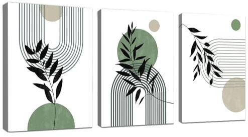 WENGTIAO 3 Pezzi Stampa su Tela Boho Astratto Geometrico Con Cornice Quadro su Tela Immagini Verde Salvia Minimalista Piante Quadro Moderno Soggiorno Camera da Letto Decorazioni Parete 30x40cmx3