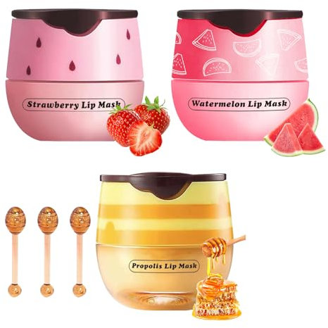 3Pcs Bee Lip Balm Honey Pot with Stick, Lip Mask Day And Night Repair and Care, Moisturizing Lip Sleeping Cream, Silky Hydrate Repair Prevent Dry Cracked Lip Exfoliator(Honey+Strawberry+Watermelon)