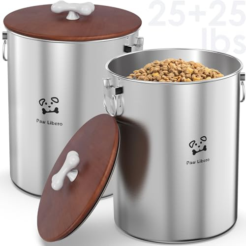 2 Pack 25 lb Stainless Steel Dog Food Storage Container Set with Wooden Lid | Metal Dog Food Storage Container for Dogs & Cats, Airtight Dog Food Container to Keep Food Fresh, Easy to Clean Dog Dood Bin