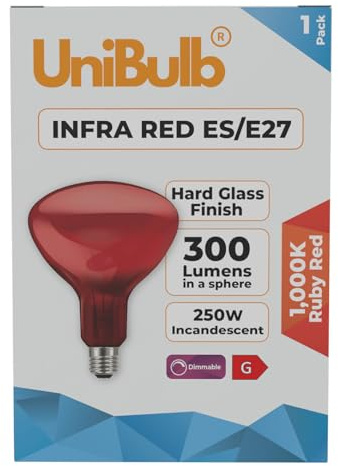 Unibulb Infra-Red Heater Lamp E27 (ES) 300 Lumens, 250W Heat Lamp Light Bulb, Ruby Red Finish, 1000k Candlelight, Hard Glass, Edison Screw, Dimmable, Box of 1