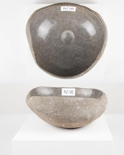 wohnfreuden Naturstein Waschbecken 30-39 cm rund in grau aus indonesischen Flussstein - Mit Unikat Auswahl