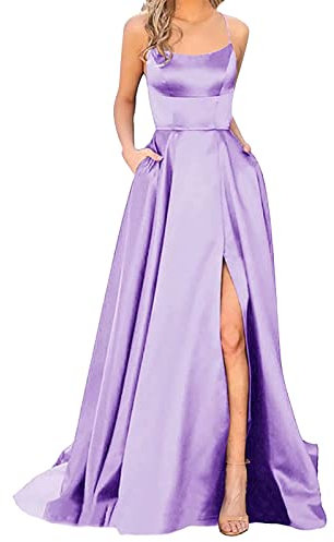 Robe de soirée pour femme - Élégante - Longue - Grandes tailles - Sans manches - Couleur unie - Dos nu - En satin - Spaghetti - Fente latérale - Pour mariage, lilas, L