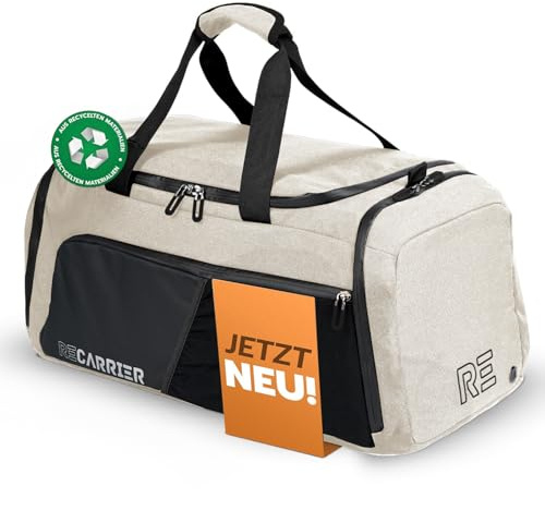 RECARRIER Sporttasche [RECYCELTES PET] 50L –Gym Bag und Rucksack in Einem –wasserdichte Trainingstasche Herren Damen –Sportrucksack wasserdicht mit Schuhfach Fitness, Reisetasche groß (Savanna beige)