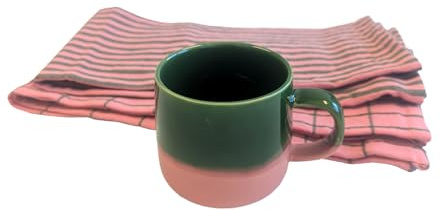 Set di 3 tazze in ceramica e 2 strofinacci per caffè, tè, cacao, cappuccino, tazza da caffè in gres porcellanato, 390 ml, strofinaccio in 100% cotone, 50 x 70 cm, colore: rosa vintage