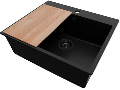 PRIMAGRAN Lavello da Cucina Tutto Nero 58x50cm, Lavandino in Granito a 1 vasca + Sifone Classico + Tagliere, Lavabo Incasso al mobile 60cm - Riga S196