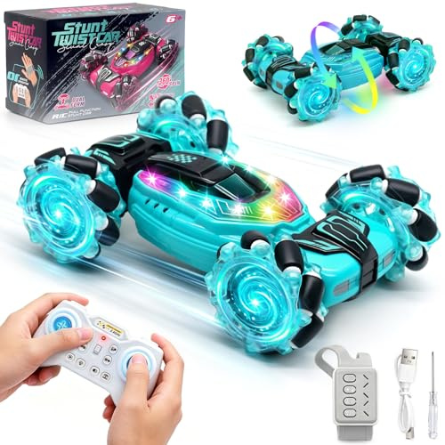 DELEE Coche teledirigido 360° Flip 4WD Juguetes Coche RC Car Toys con Luz de Música Mando a Distancia y Smartwatch Doble Control Navidad Regalo Niño 6-12 Años Juegos para Niños (Azul)
