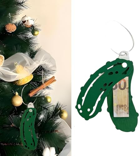 2 IN 1 Weihnachtsgurke Geldgeschenk Weihnachten Große Gurke aus Holz Weihnachtsbaumschmuck Lustig Weihnachtsschmuck Anhänger Weihnachtsbaum Deko Christmas Decorations, 15cm