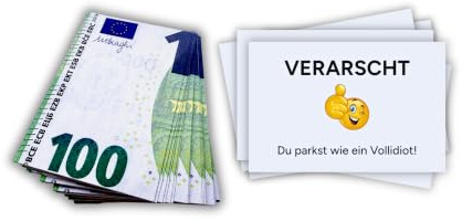 PROVISO TOOLS Auto Gadgets Lustige Falschparker Karten Fake 100€, 50 Stück | 100€-Optik, cellophaniert, 350g/m² Papier, wetterfest, Druck in Deutschland – als Strafzettel & Parkzettel, inkl. Beutel