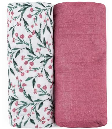 Petite&Mars Lot de 2 langes en mousseline de bambou Misty 2 en 1 x 120 x 120 cm - Hypoallergéniques - Bambou - Coton - Chiffon à cracher - Chiffon en mousseline (rose rose)