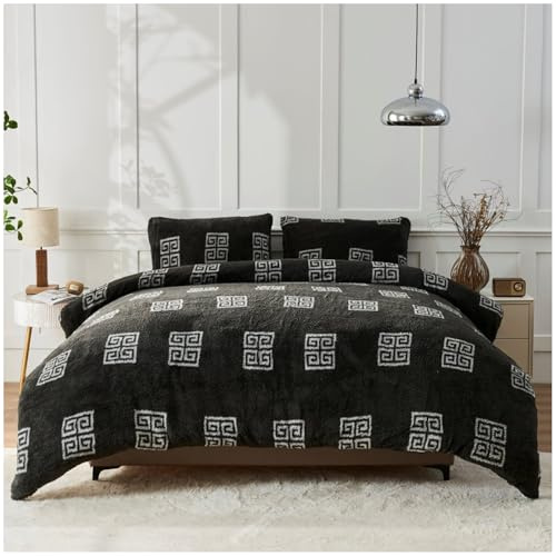 GC GAVENO CAVAILIA Luxury Fleece Duvet Cover - Greek Key Double Bedding Set - Soft, Warm Winter Teddy Duvet Set with Pillowcases - Easy Care Comforter Bed Linen Double - (200x200 cm), Charcoal