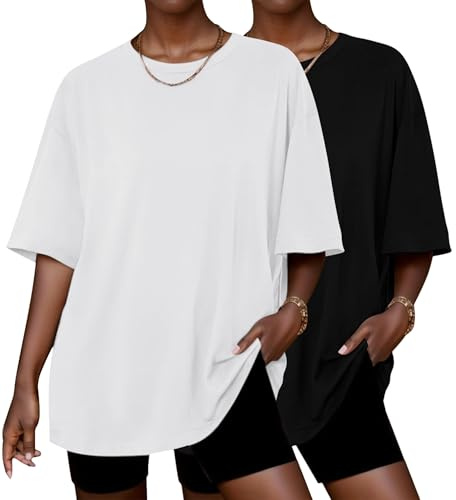 Ekouaer Tee Shirt Femme 2 Pack Ample Surdimensionné T Shirt à Manches Courtes Basique Haut Oversize Tshirt Col Rond, Noir + Blanc XL