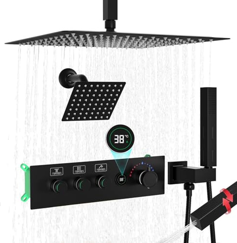 Temperature Display Shower System with Dual Shower Heads, 16 + 6 Dual Rain Shower System, Push-Button Valve Thermostatic Shower Faucet Set, Can All Run Together & Flow Adjustable, Matte Black