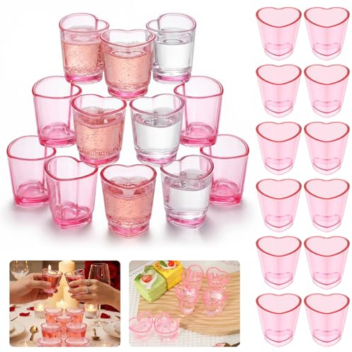 YUNYOUC 24Pcs Pink Heart Shot Glass Set, 1.5oz Heart Shaped Shot Glasses Set, Plastic Beer Mugs with Heavy Base for Whiskey Tequila Vodka Valentine's Day, Bachelor Party(Pink)