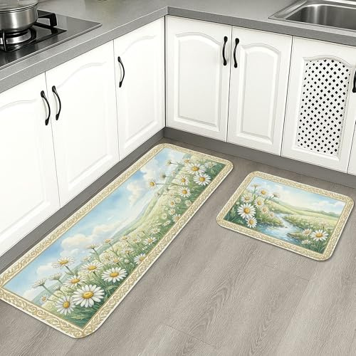 Tapetes de cocina florales de primavera para piso, tapetes suaves de naturaleza vintage de crisantemo azul, alfombras decorativas acolchadas lavables para fregaderos de cocina, lavandería, baño, 2