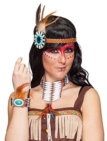 NET TOYS Indianerschmuck Hippie Schmuckset mit Kopfband, Kette u. Armband Federschmuck Squaw indianischer Schmuck