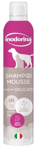 Inodorina Trockenshampoo für Hunde, Katzen und Welpen (300 ml, milder Duft) - Mousse mit lindernder und reinigender Wirkung - Respektiert den natürlichen pH-Wert, ideal für häufiges Waschen