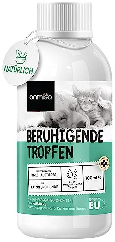 animigo Beruhigungsmittel für Hunde & Katzen - 100ml Entspannungs- & Anti-Stress-Mittel für Haustiere - Mit L Tryptophan, Vitamin D3, Zink, Taurin - Gelassenheit bei Stress, Feuerwerk, Unruhe & Reisen