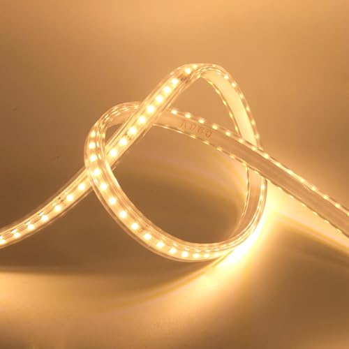 XUNATA 5m 220V Tira LED, SMD 2835 120 LEDs/m, Cortable Cada 20cm, IP65 Impermeable para Escalera, Techo, Cocina– Blanco Cálido