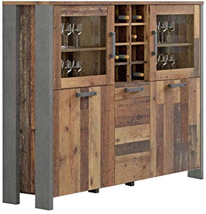FORTE Clif Highboardvitrine mit 3 Türen unf 2 Glastüren, Holzwerkstoff, Old –Wood Vintage/ Betonoptik Dunkelgrau, 151,3 x 125,4 x 41,5 cm