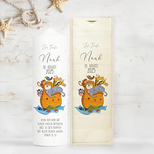 Wandtattoo Loft personalisierte Taufkerze, Motiv Boot Arche Noah Tiere- Kerze zur Taufe, Geburt oder Kommunion – weiß 25 x 7 cm