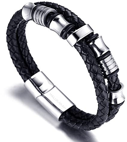 Halukakah Kinder ● Ehre Junior ● Jungen Armband Handgefertigt | Echtleder in Schwarz | Magnetverschluss Edelstahl | Titan Perlen in Silber | KOSTENLOS Geschenkbox | 6-12 Y/O. 18cm