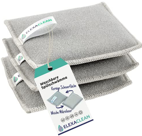 ELEXACLEAN Disksvamp, set om 3, kastrullrengörare, tvättbar och återanvändbar, kökssvamp i mikrofiber för disk och hushåll, (12 x 10 cm, ljusgrå)