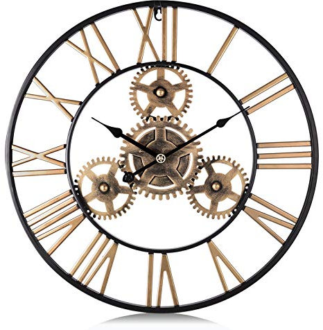 Lafocuse Tyst Industriell Metall 60cm Stor Guld Väggklocka Kugghjul med Romerska Siffror utan Tickande Väggur Dekoration för Pubar Kaféer ​Vardagsrum
