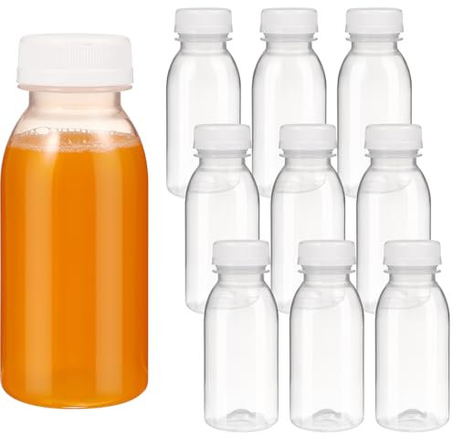 iplusmile Pack de 10 Botellas de Plástico PET 200ml - Botellas Transparentes Reutilizables y Rellenables con Tapas - para Almacenar Jugo, Batidos, Leche, Agua y Bebidas​​